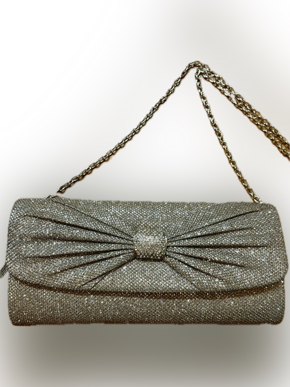Gunne Sax Gold Glitter Rhinestone Bow-Front Evening Clutch with Chain